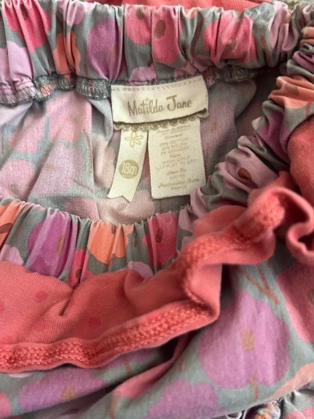 Matilda Jane pink, purple, and gray floral bloomers with ruffles, size 18m
